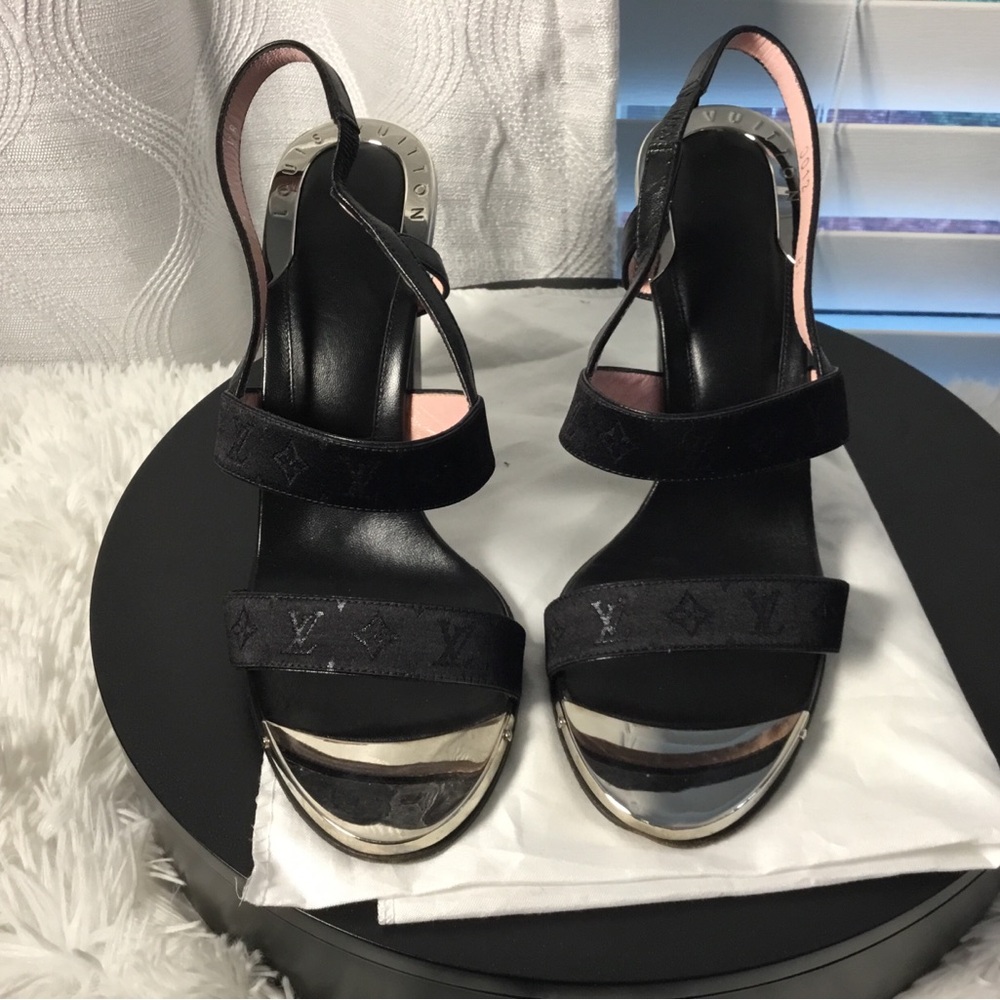 Louis Vuitton Black Slingback Heeled Sandals with Metallic Toe